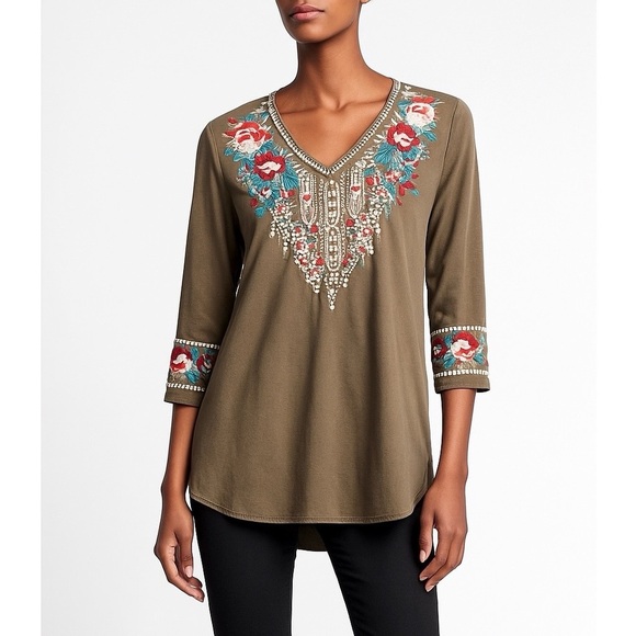 JOHNNY WAS Floral Embroidered Green Tunic Shirt M